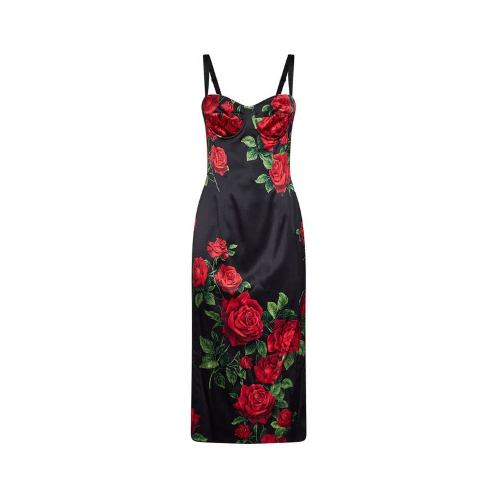 Dolce & Gabbana Women Black Rose-Print Stretch Satin Midi Bustier Dress